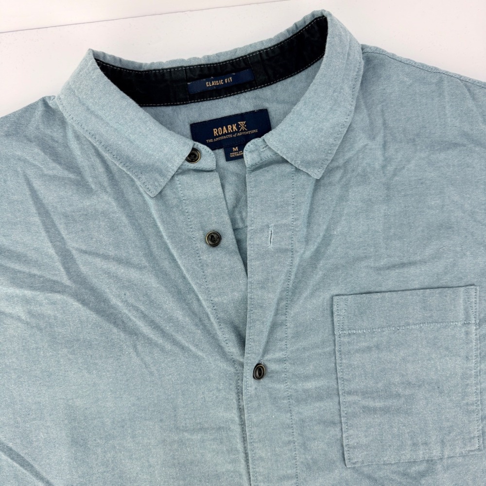 ROARK Mens M Organic Classic Fit Short Sleeve Button Up Shirt Blue Casual Date